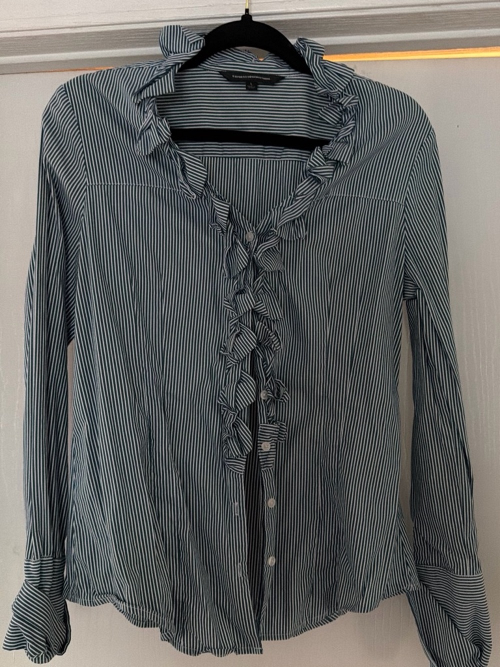Express Blue and White Vertical Stripe Ruffle Button-Down Shirt